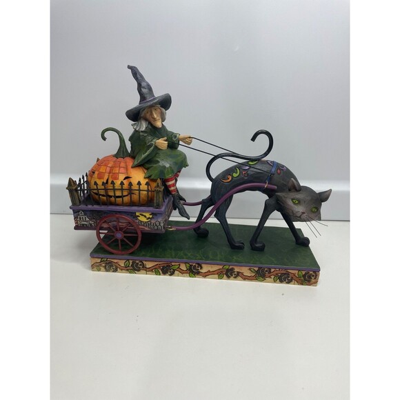 JIM SHORE WICKED RIDE Figurine Holiday Boxed Witch Cat Cart Halloween np box